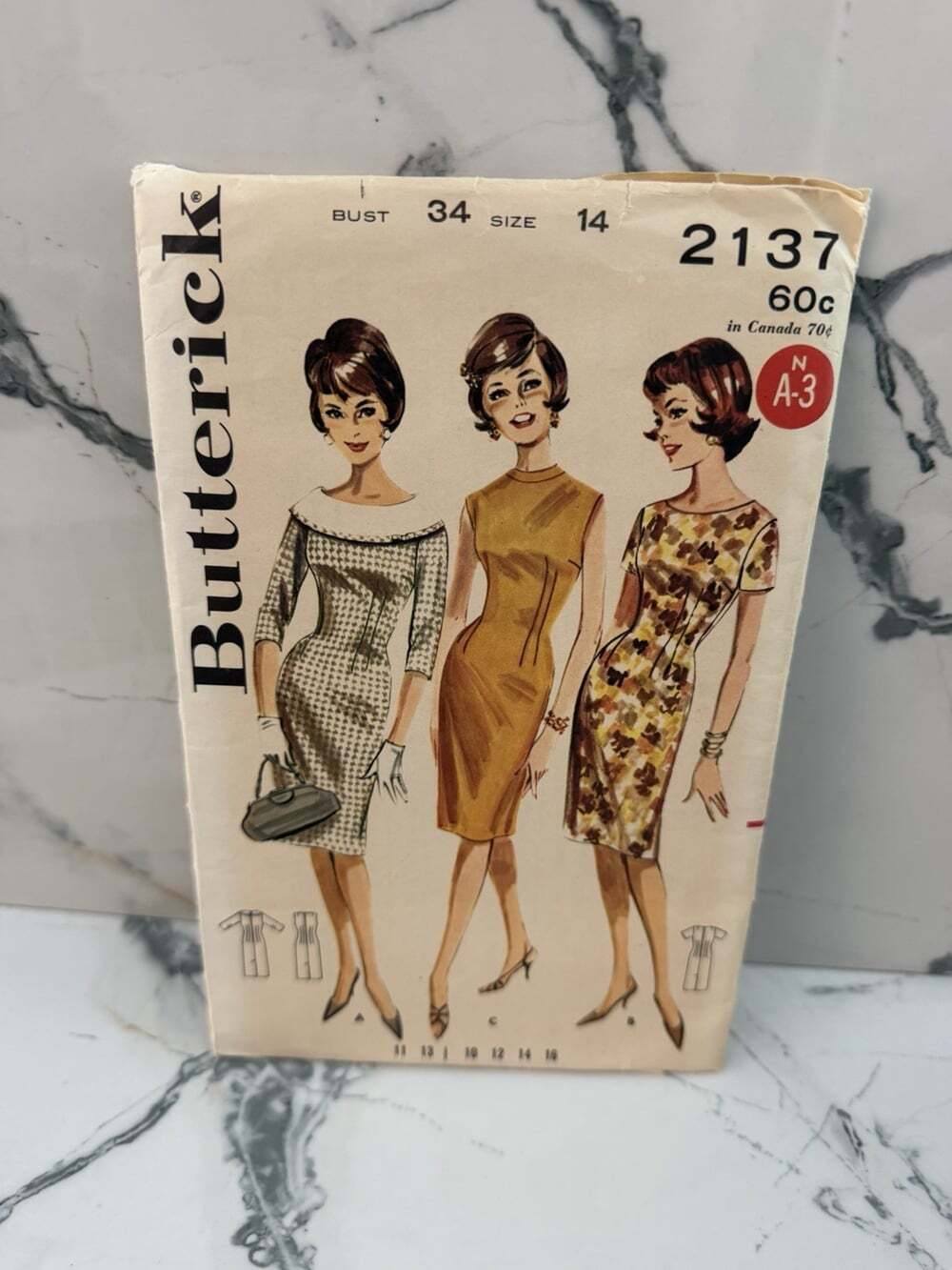 Vintage Sewing Pattern Butterick 2137 Fitted Waist Dress Sz 14 1950's Cut 60’s